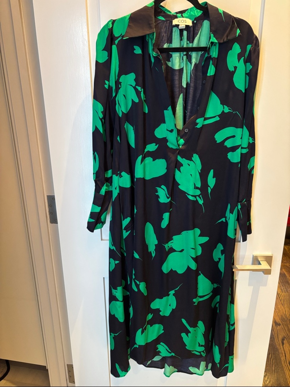 COS Black Long-Sleeve Dress with Green Floral Print